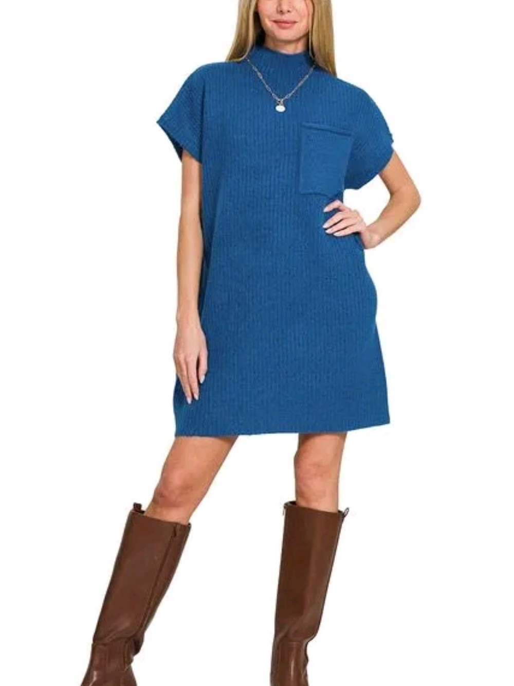 Zenana Outfitters Blue Ribbed Mock Neck Short Sleeve Dress